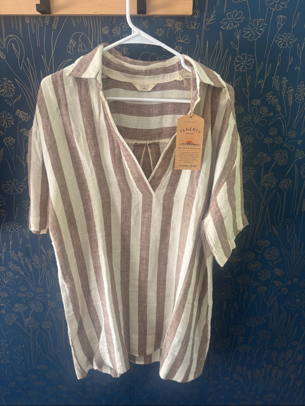 Faherty Brown & Cream Vertical-Stripe Short-Sleeve Linen Blend Cover Up